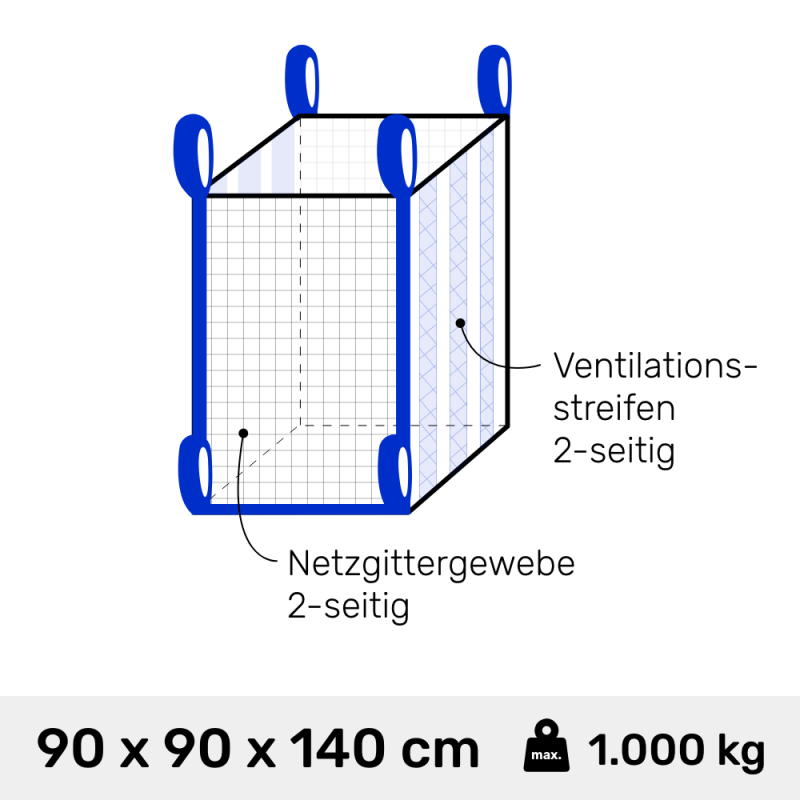 Big Bag für Holz belüftet mit 2- seitig Netz 2-seitig Ventilationsstreifen 90 x 90 x 140 cm 890 Liter 1000 kg