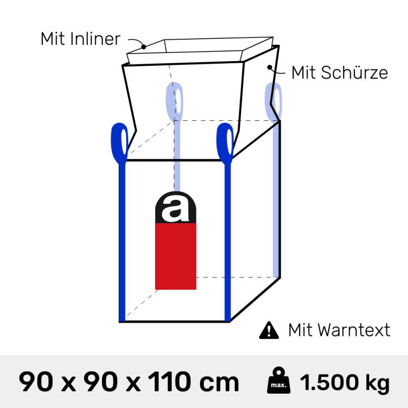 Big Bag für Asbestentsorgung 90 x 90 x 110 cm mit Schürze und Inliner 890 Liter 1.000 kg Traglast