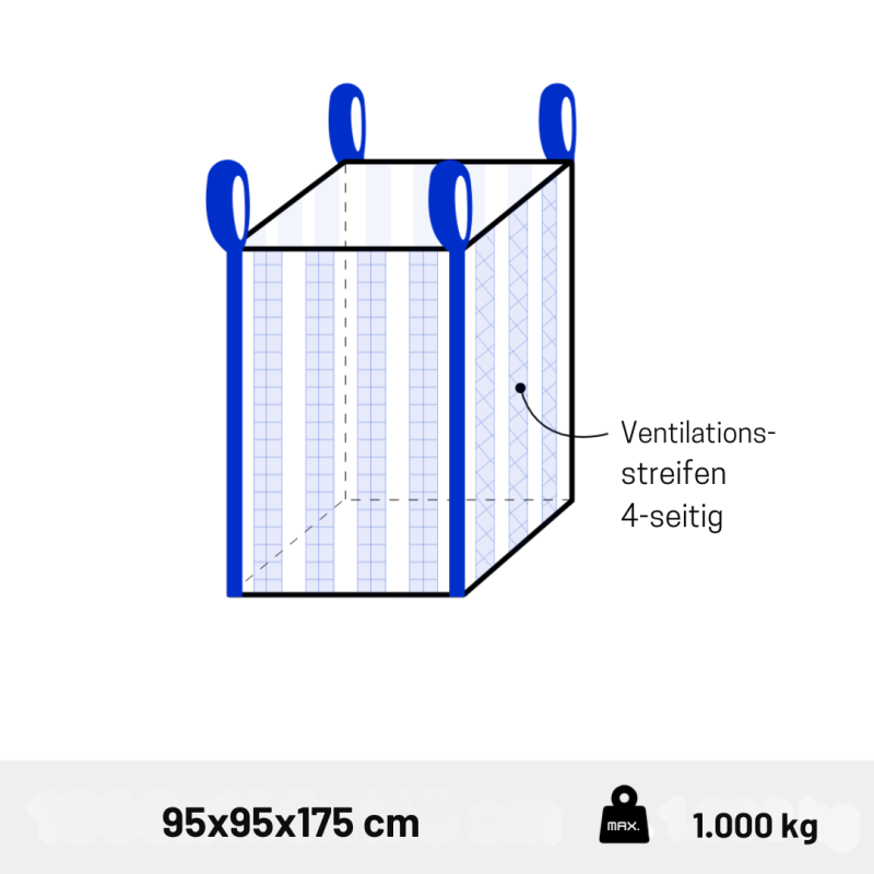 Big Bag für Holz  95 x 95 x 175 cm belüftet mit 4-seitig Ventilationsstreifen und Schürze zum Zubinden 1580 Liter 1250 kg Traglast 5er Set