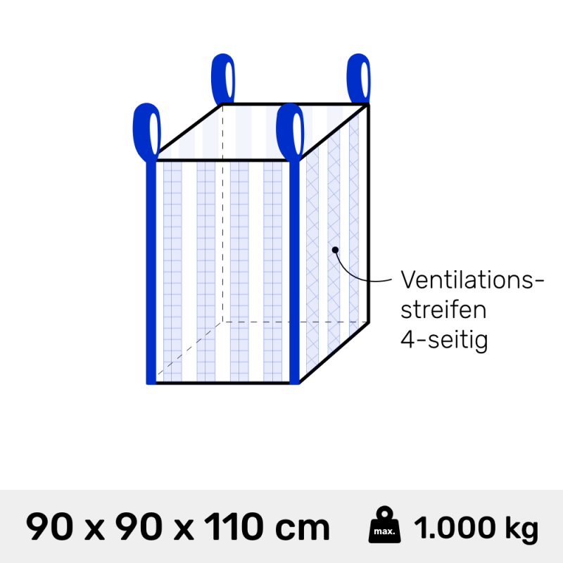 Big Bag für Holz belüftet mit 4-seitig Ventilationsstreifen 90 x 90 x 110 cm 890 Liter 1000 kg