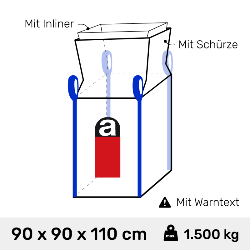 Big Bag 90 x 90 x 110 cm mit Schürze und Inliner für Asbestentsorgung 890 Liter Inhalt 1.000 kg Traglast